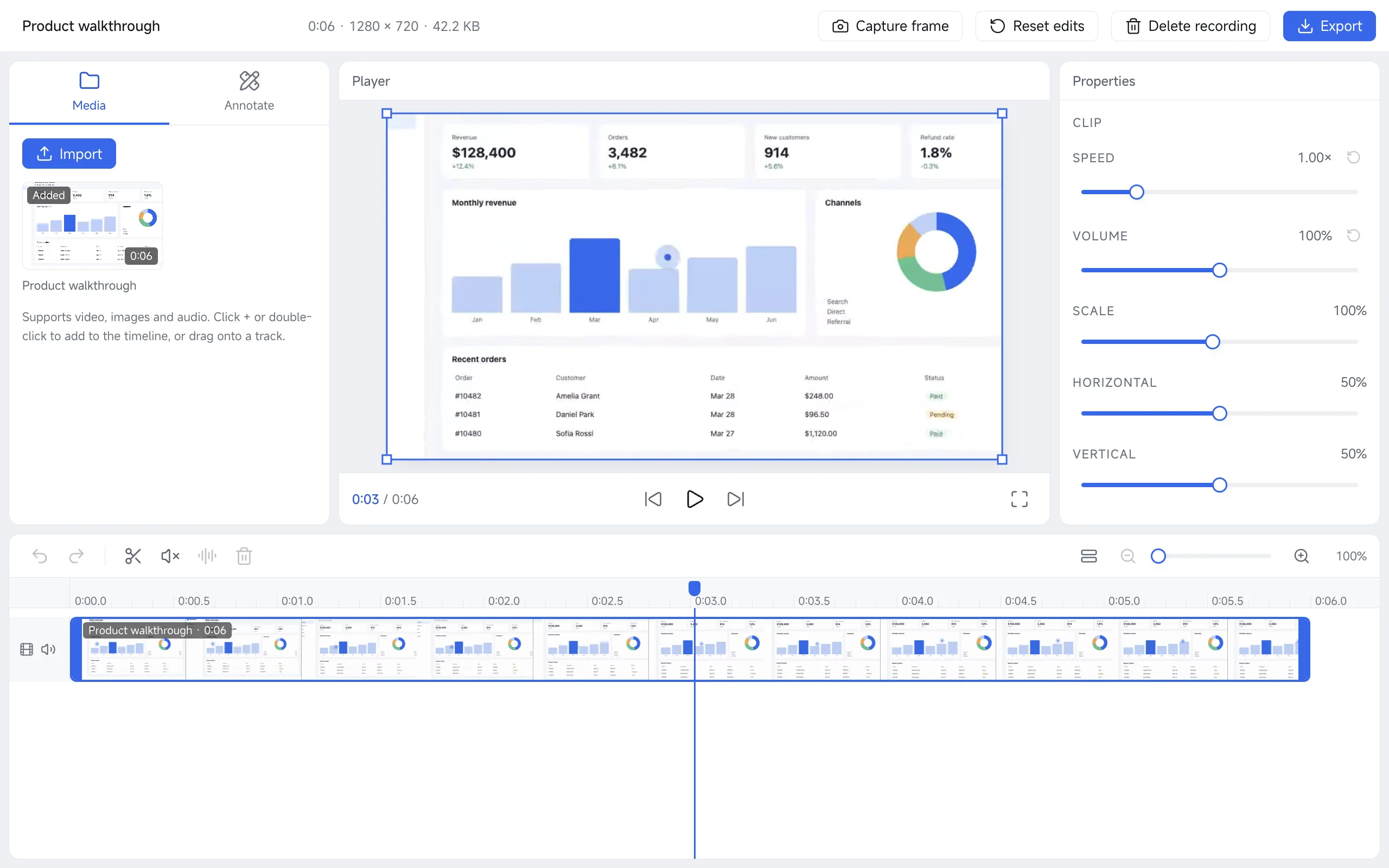 Video editor with timeline and properties panel